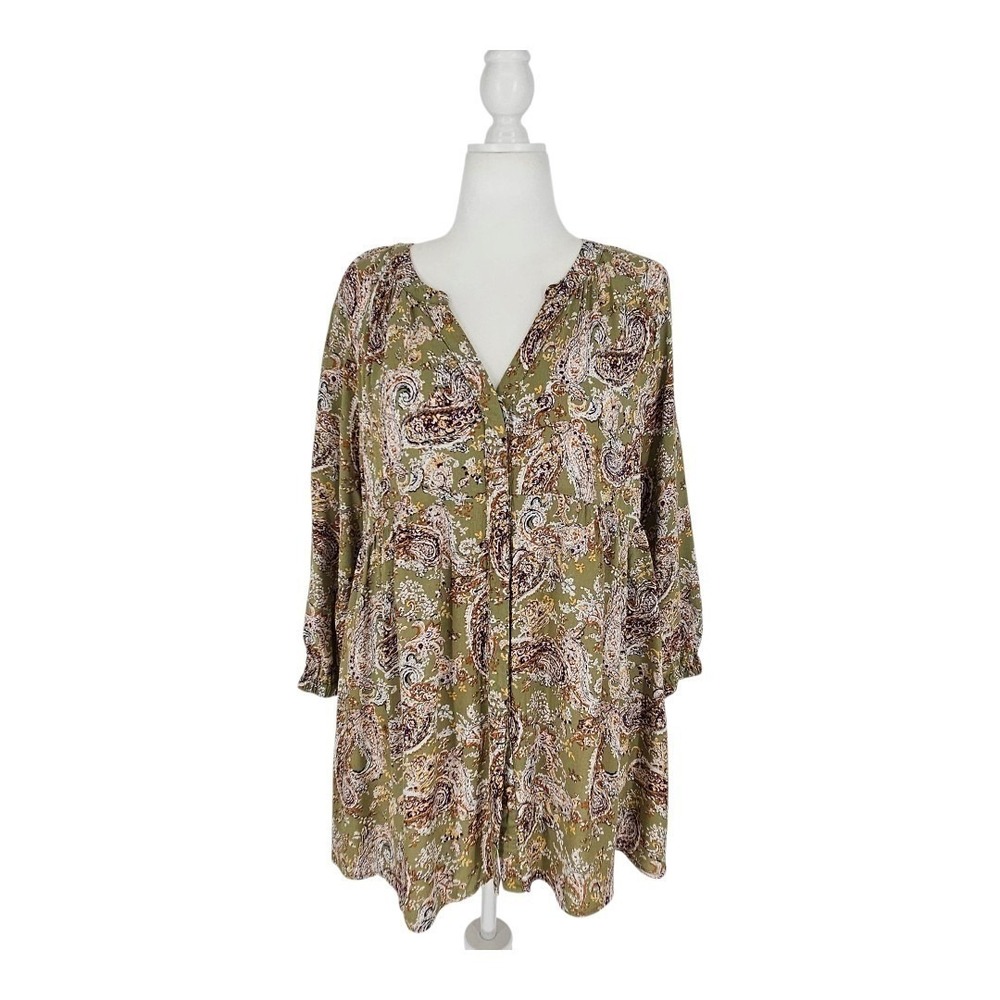 Anthropologie Melloday Tunic‎ Top Women XL Green Paisley Babydoll 3/4 Sleeve